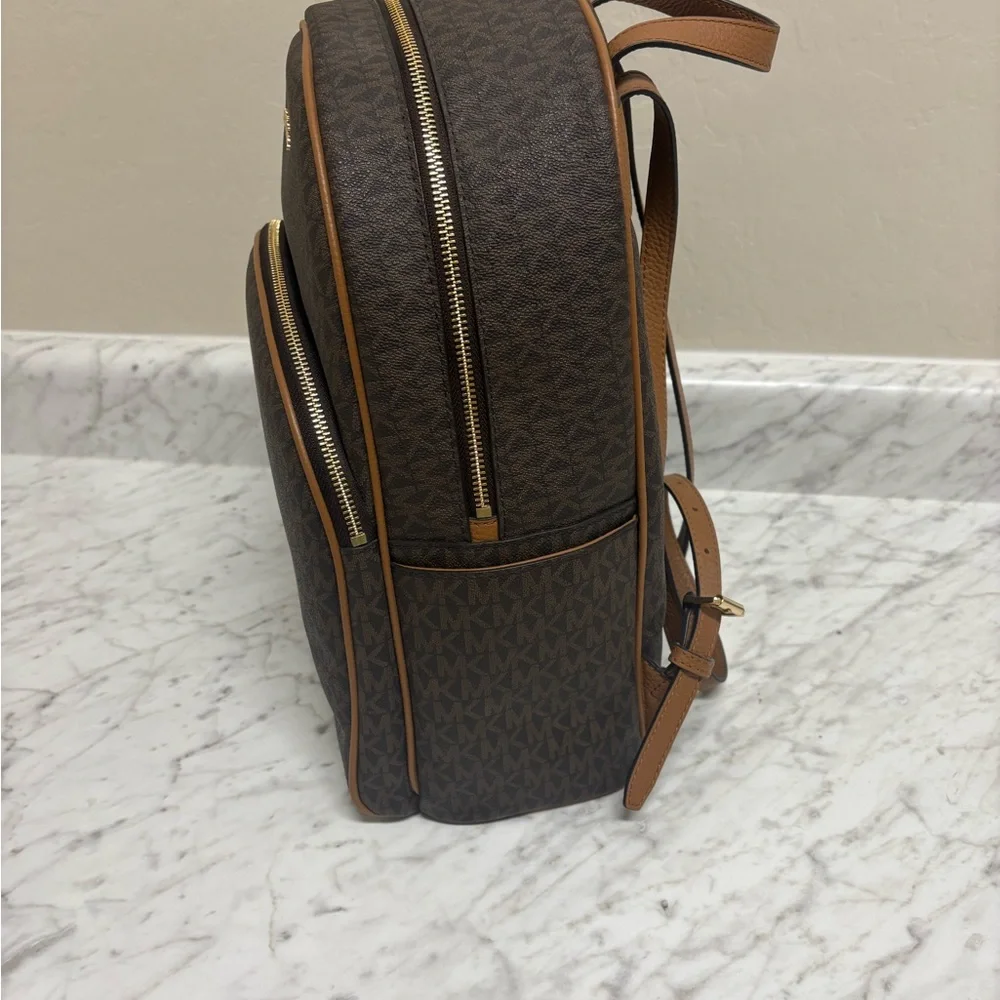 Michael Kors Dark Brown MK Monogram Backpack with Tan Trim